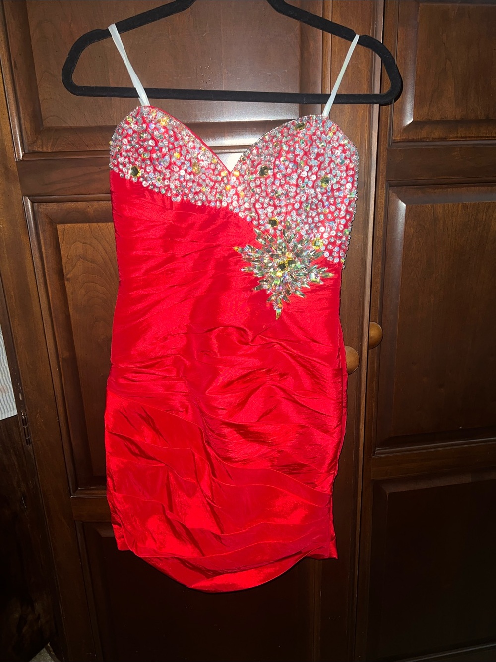 Mac Duggal Red Beaded Spaghetti Strap Mini Dress